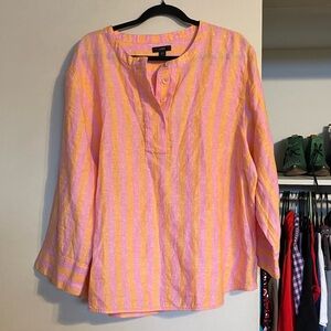 J. Crew Baude Linen Tunic Blouse Pink and Orange Striped 100% Linen sz XXL